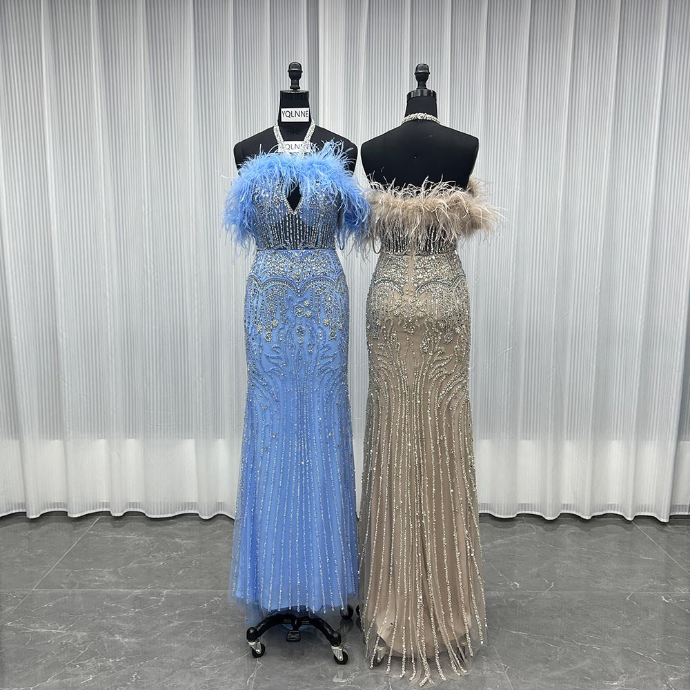 YQLNNE 044 Luxury Nude Feathers Crystals Evening Dress Long Mermaid Pageant Party Gown
