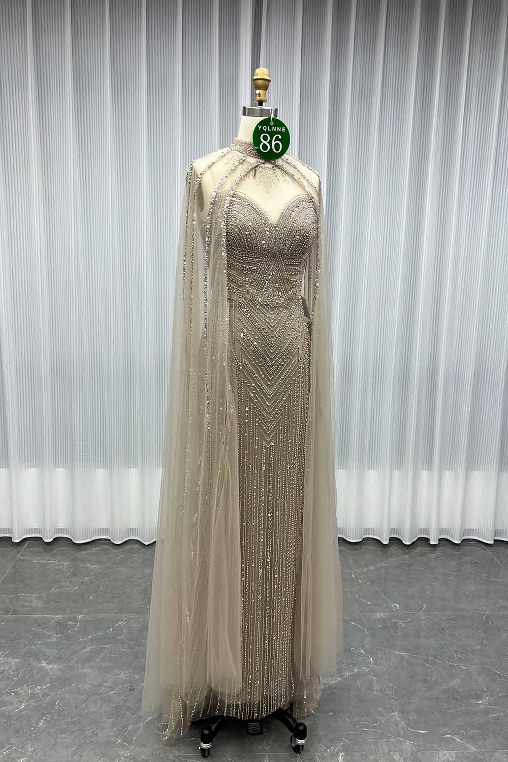 YQLNNE 086 Nude Crystals Beaded Evening Dress Women Party Gown With Shawl