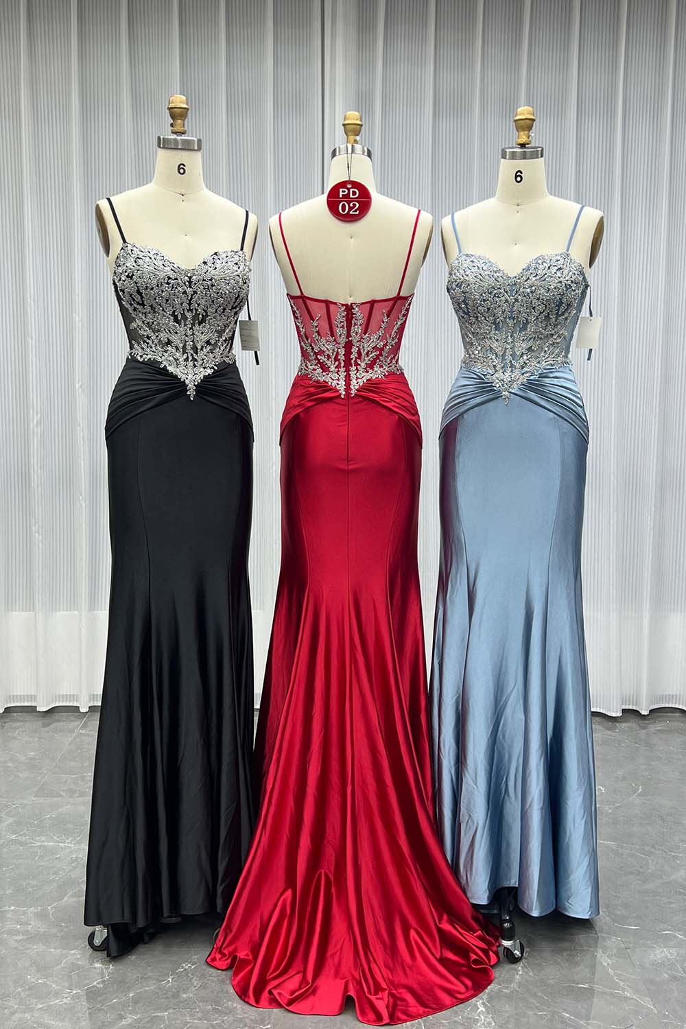 YQLNNE PD02 Red Satin Spaghetti Long Prom Dresses Mermaid