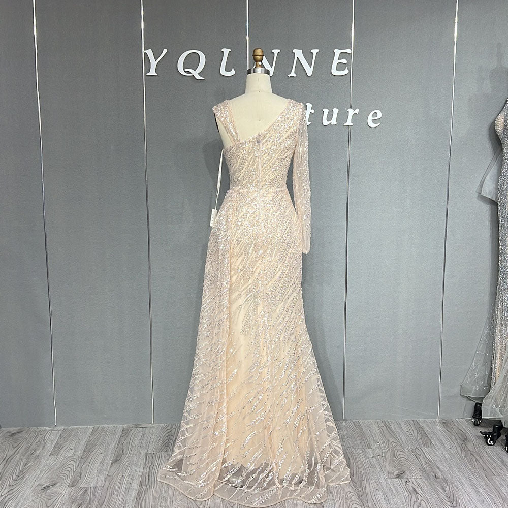 YQLNNE 0122 Royal Blue One Shoulder Crystals Beaded Long Evening Dress With Slit