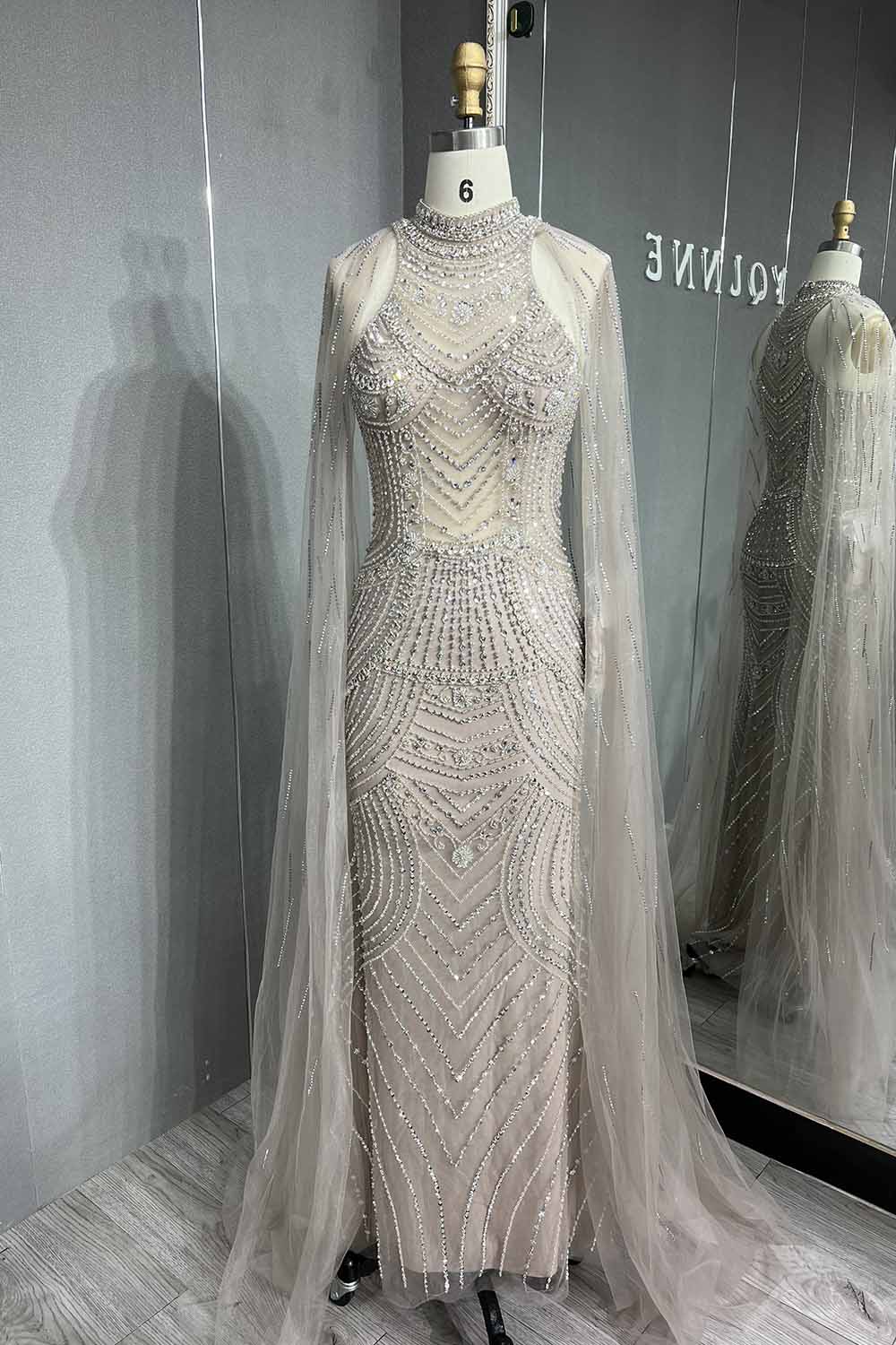 YQLNNE 050 Nude Crystals Long Evening Dress Formal Dubai Dresses