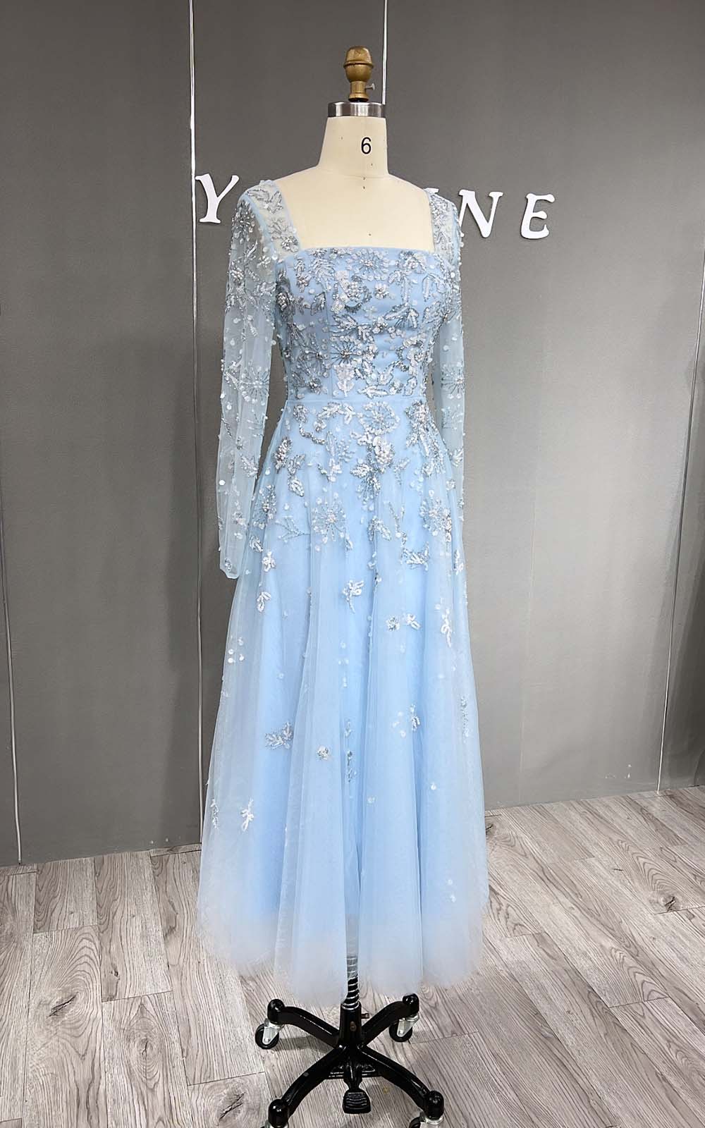 YQLNNE 081 Baby Blue Long Sleeves Evening Dress Square Collar Crystals Beaded Formal Gown