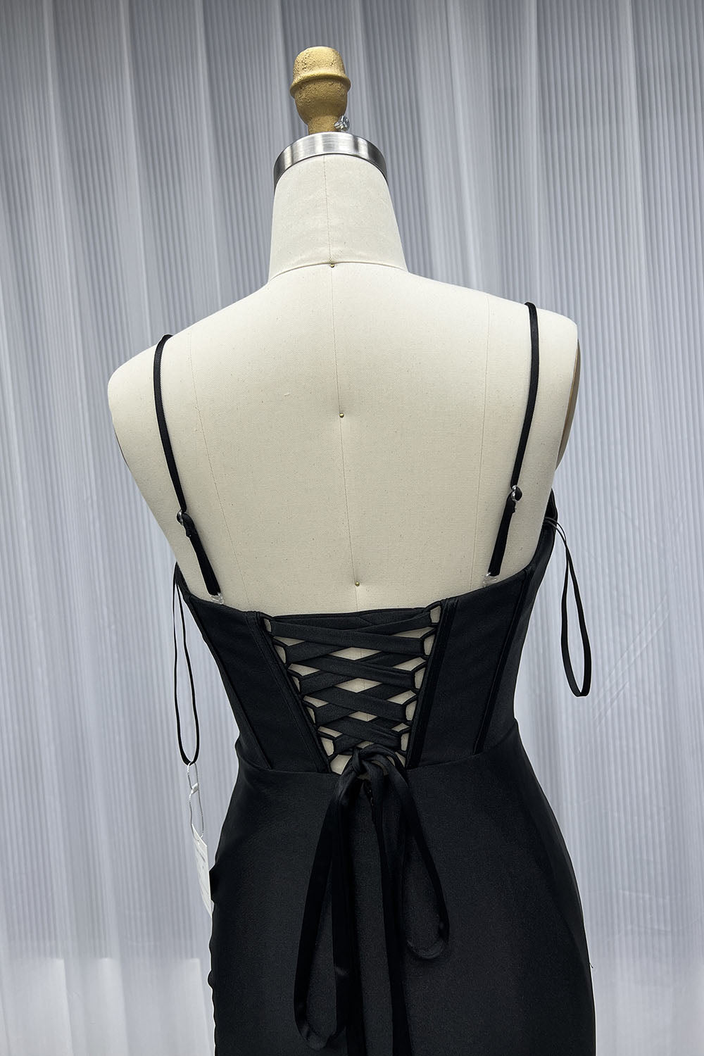 YQLNNE 04 Black Satin Slit Long Prom Dresses Strapless Lace-up Formal Party Dress