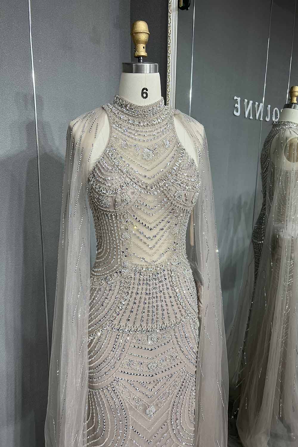 YQLNNE 050 Nude Crystals Long Evening Dress Formal Dubai Dresses
