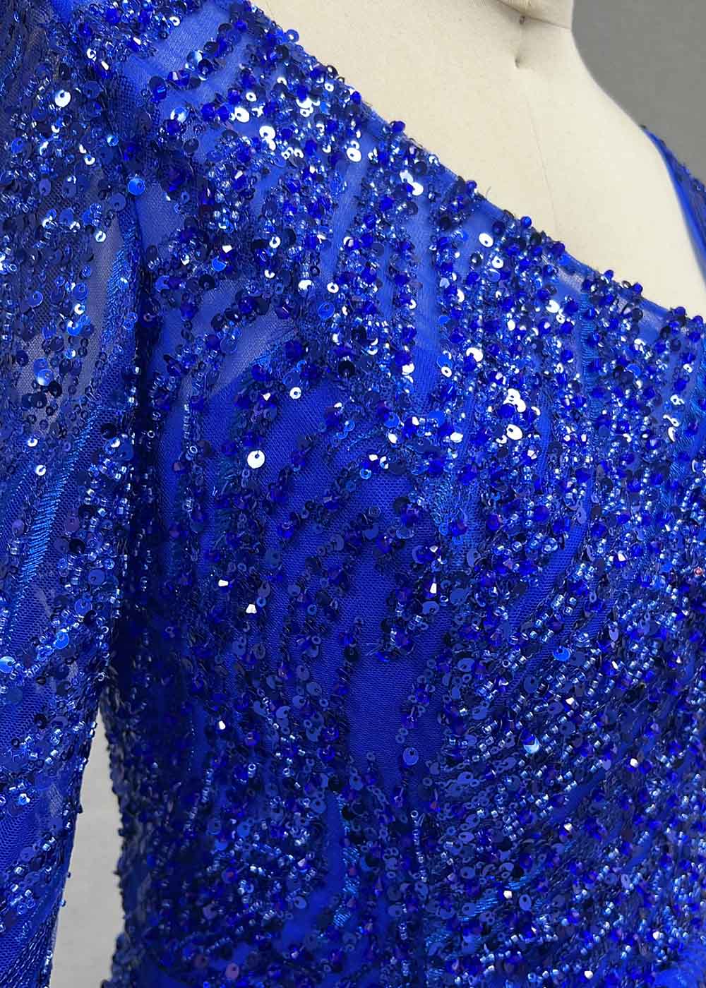 YQLNNE 0122 Royal Blue One Shoulder Crystals Beaded Long Evening Dress With Slit