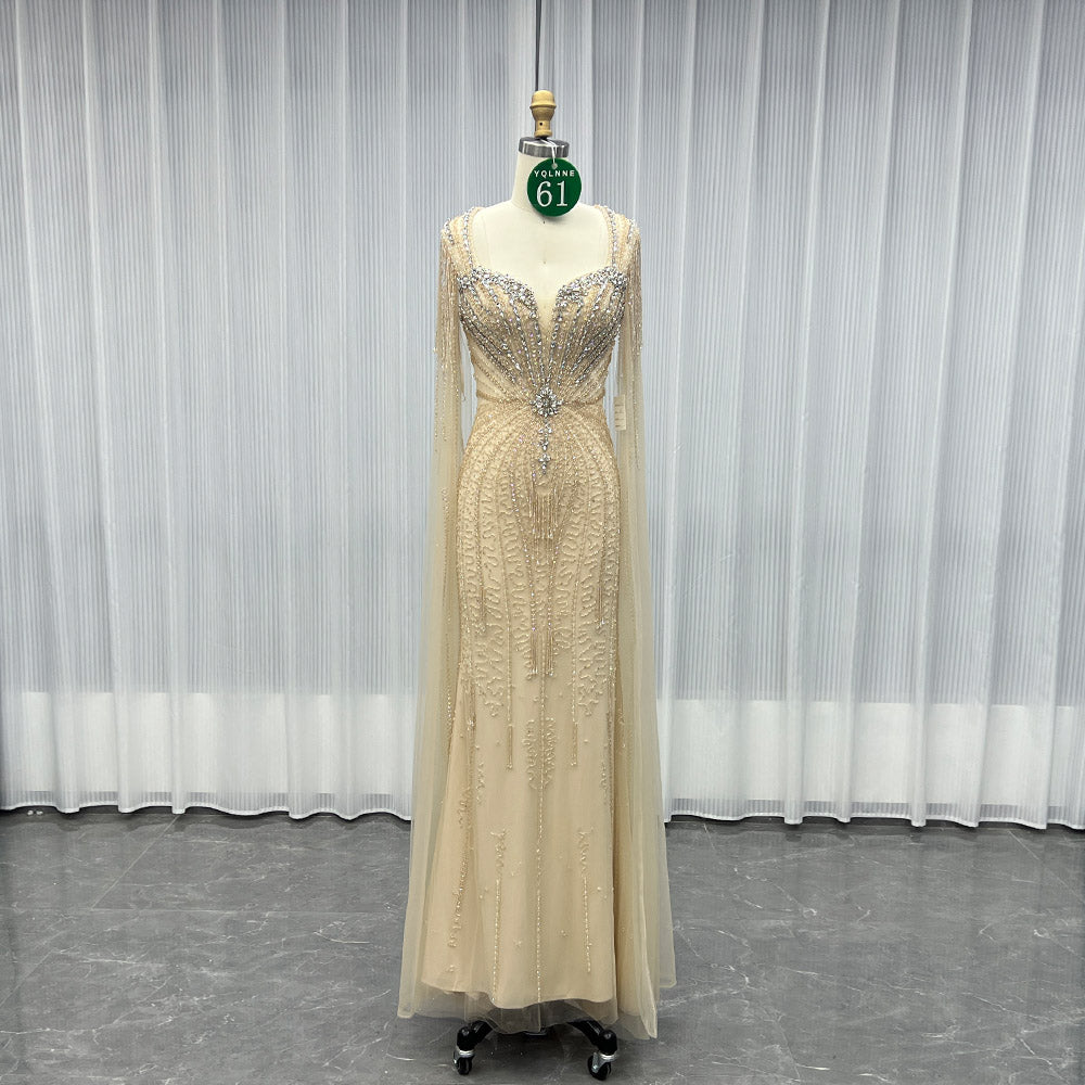 YQLNNE 061 Mocha Long Cap Sleeves Evening Dress With Handmade Crystals