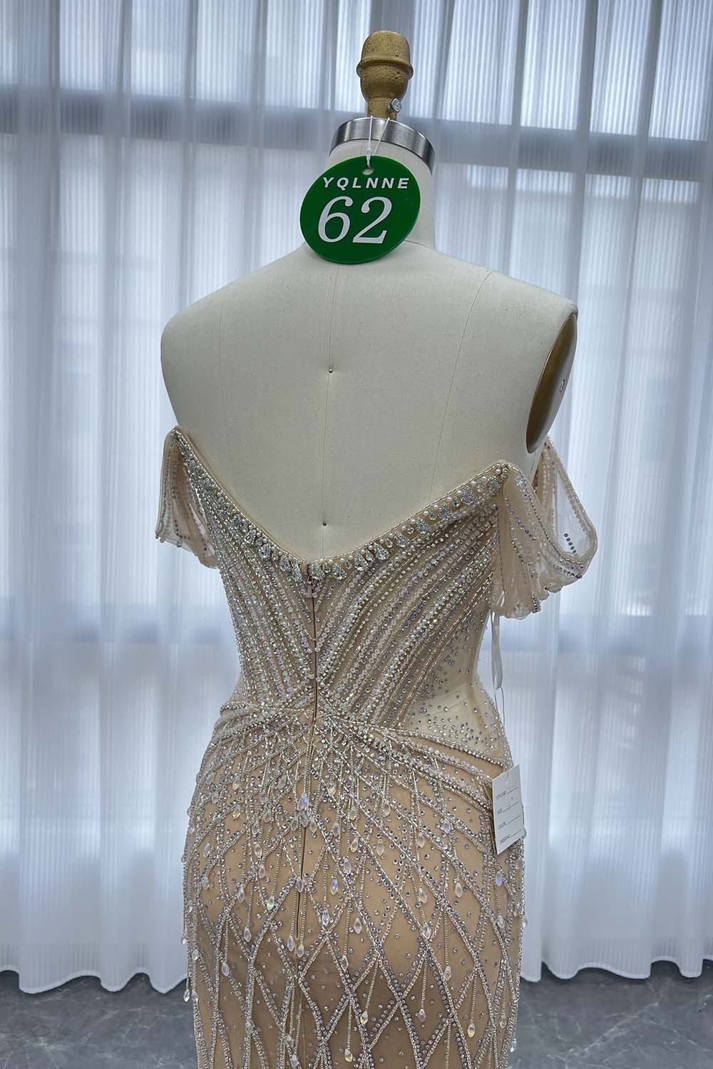 YQLNNE 062 Nude Off the Shoulder Evening Dress Handmade Crystals Long Mermaid Party Gown