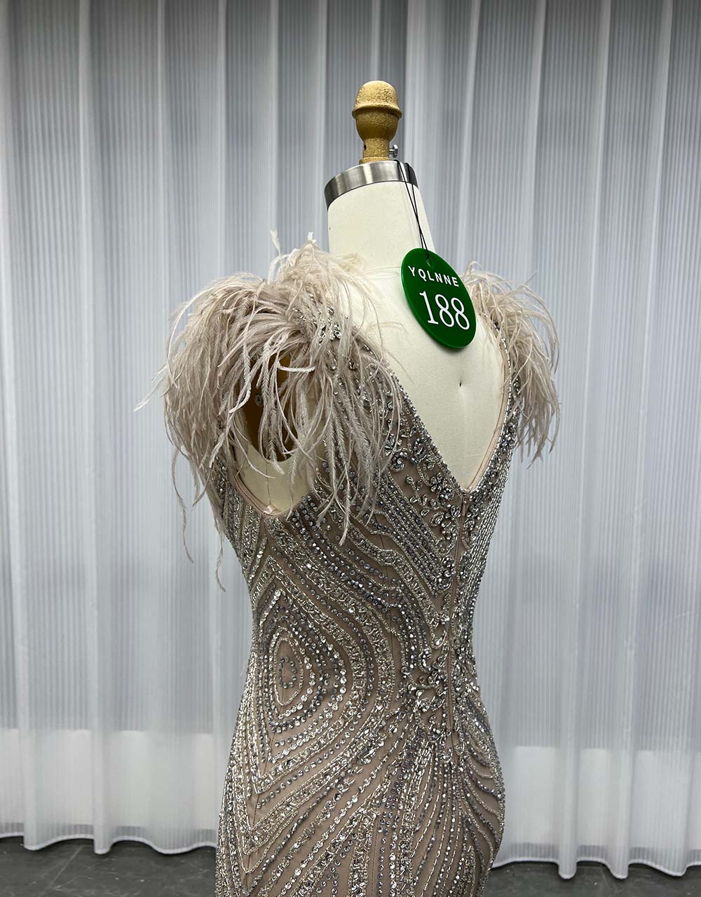 YQLNNE 0188 Luxury Mocha Feathers Crystals Evening Dress