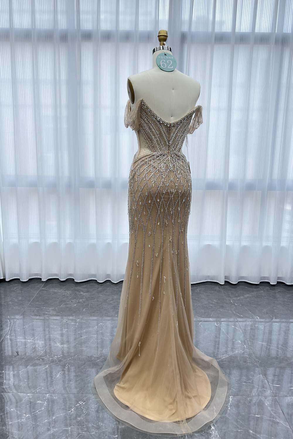 YQLNNE 062 Nude Off the Shoulder Evening Dress Handmade Crystals Long Mermaid Party Gown