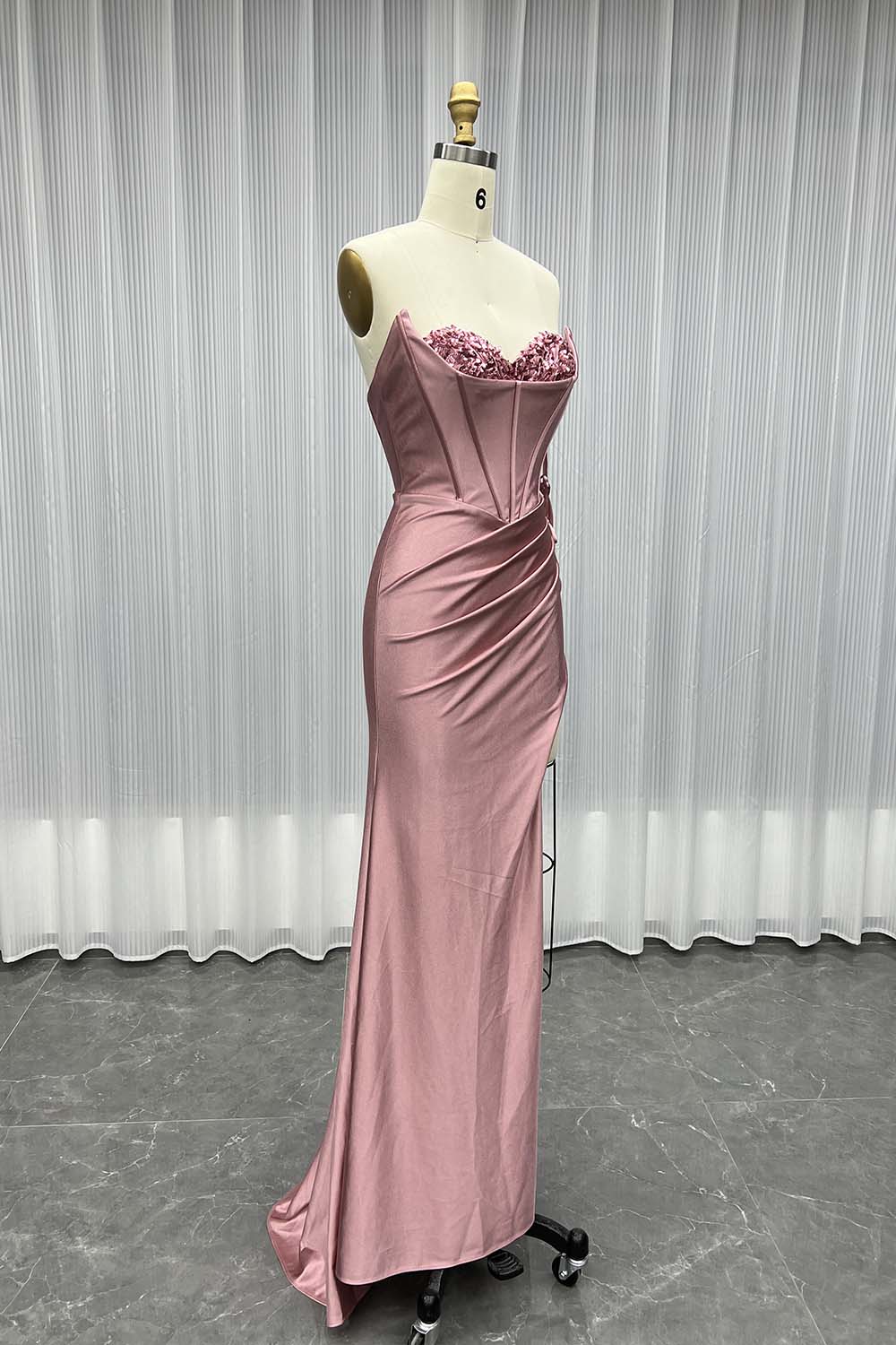 YQLNNE 04 Black Satin Slit Long Prom Dresses Strapless Lace-up Formal Party Dress