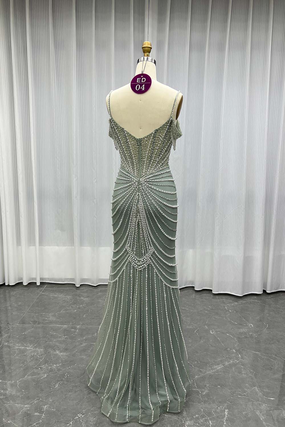 YQLNNE ED04 Sage Green Crystals Beaded Evening Dress With Removable Train