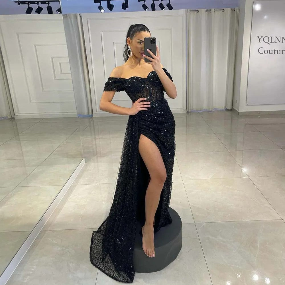 YQLNNE 111 Black Off the Shoulder Evening Dress Sequined Slit Party Gown