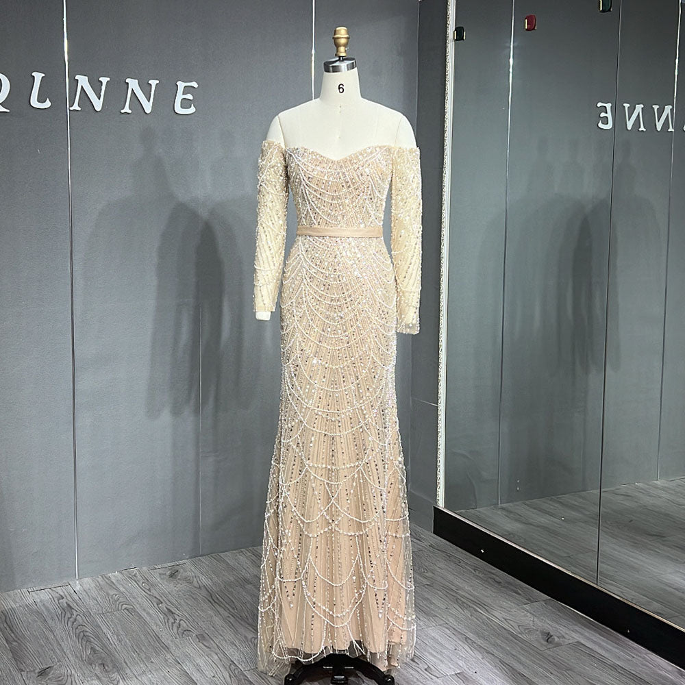 YQLNNE 077 Nude Long Sleeves Pearls Beading Evening Dress Off Shoulder