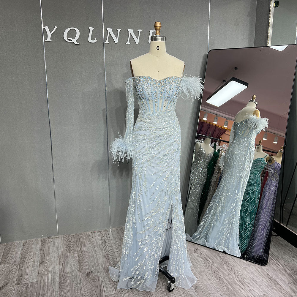 YQLNNE 047 Baby Blue Feathers Long Sleeves Evening Gown Mermaid Formal Dresses