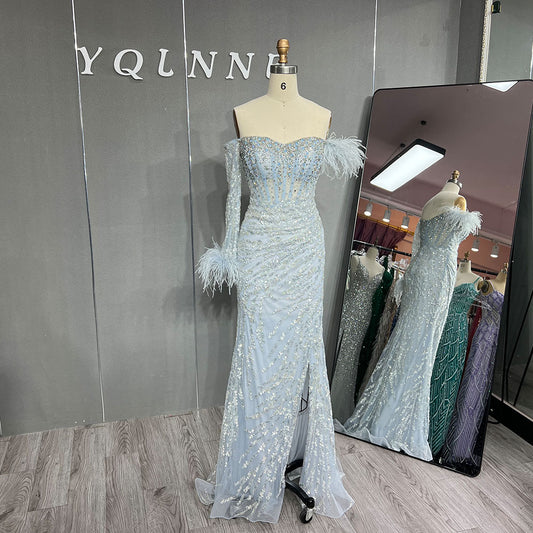 YQLNNE Baby Blue Feathers Long Sleeves Evening Gown Mermaid Formal Dresses