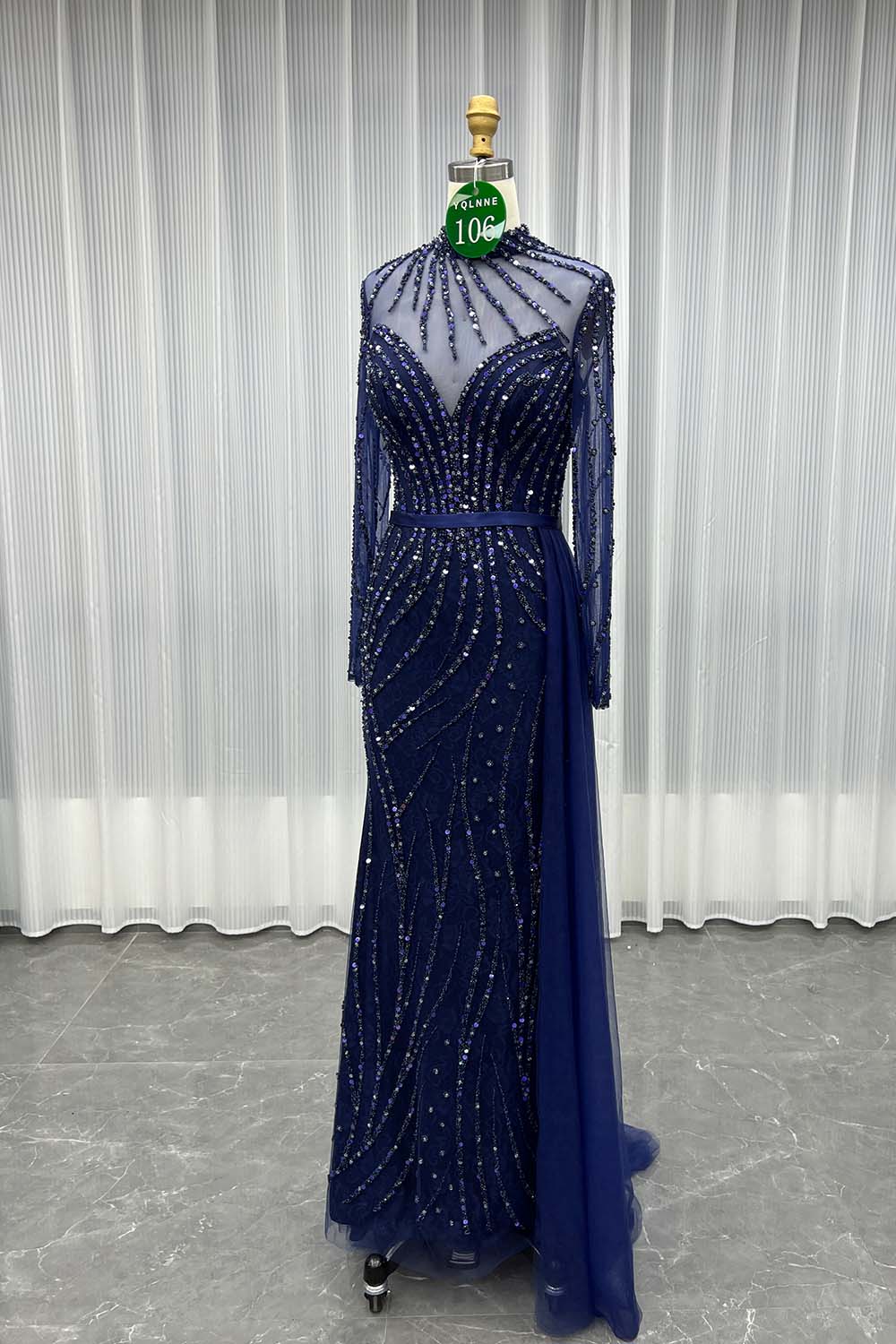 YQLNNE 0106 Modest Navy Long Sleeve Evening Dress Formal Party Gown
