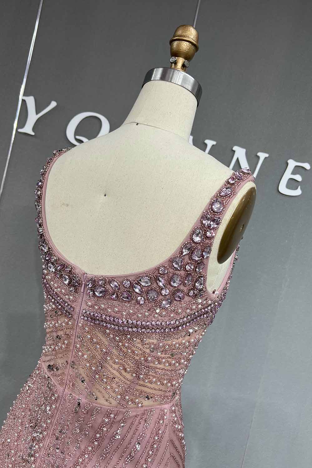 YQLNNE 042 Pink Crystals Beaded Evening Dress Long Mermaid Party Dress with Removeable Train
