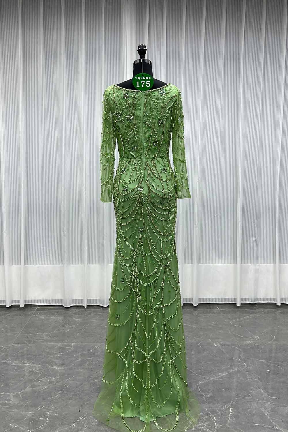 YQLNNE 0175 Nude Square Collar Crystals Beaded Evening Dress With Long Sleeves