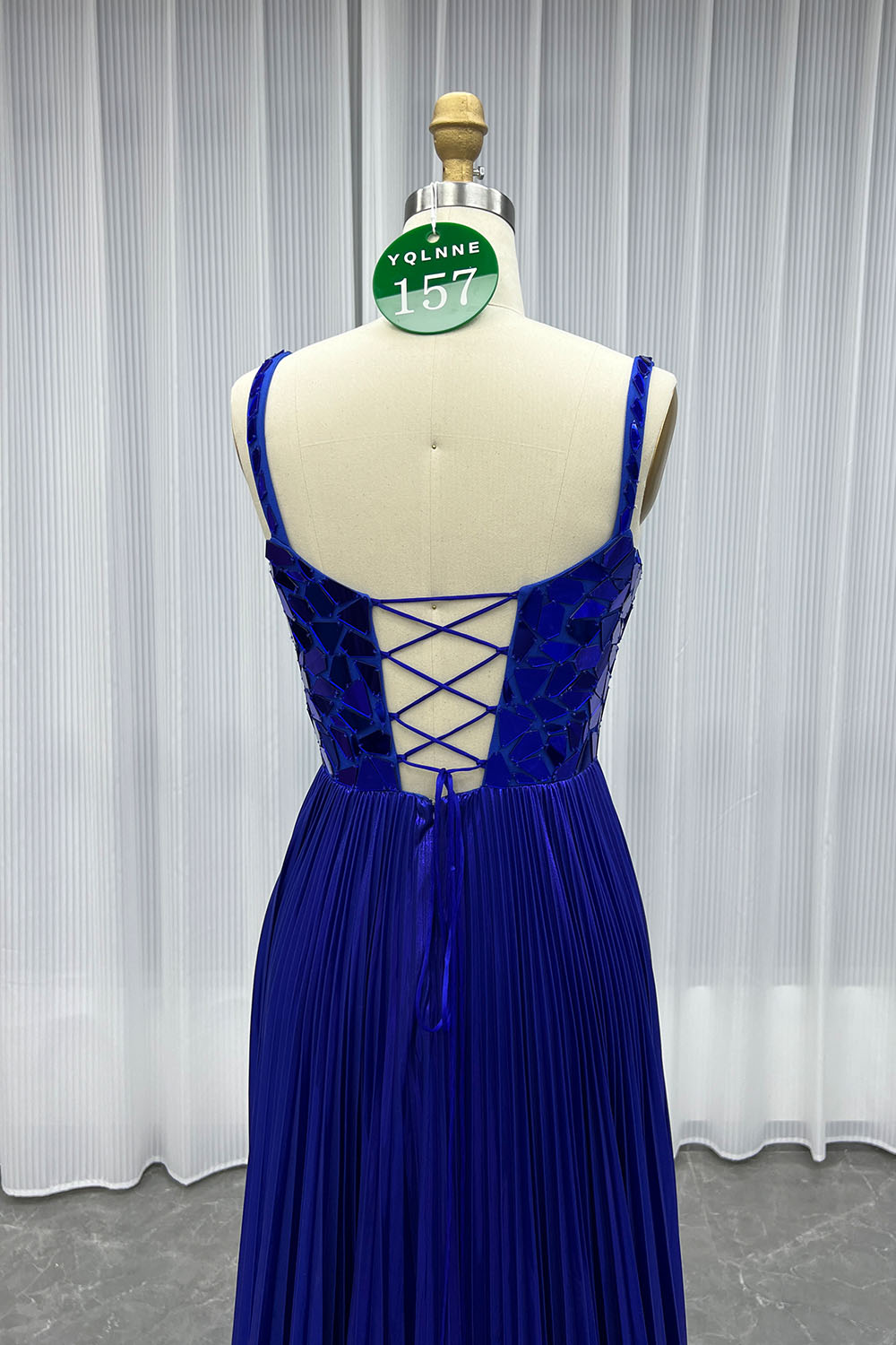 YQLNNE 0157 Gold Lens Long Prom Dress Straps Lace-up Back