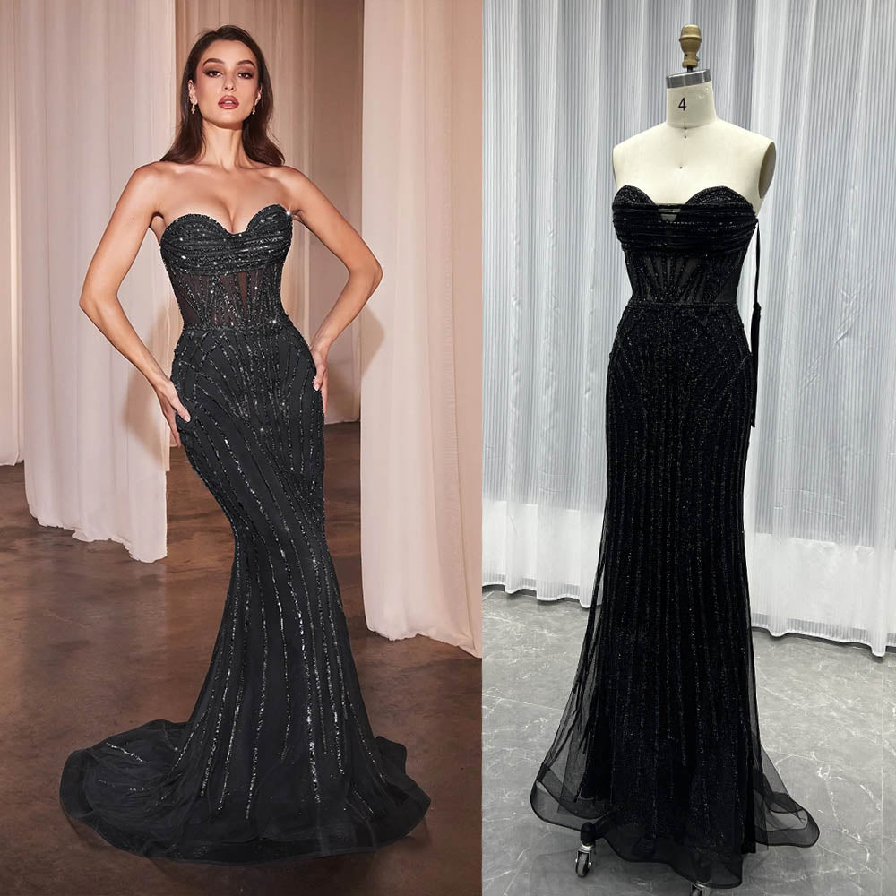 YQLNNE 023 Black Strapless Crystals Prom Dress Long Lace-up Evening Gown
