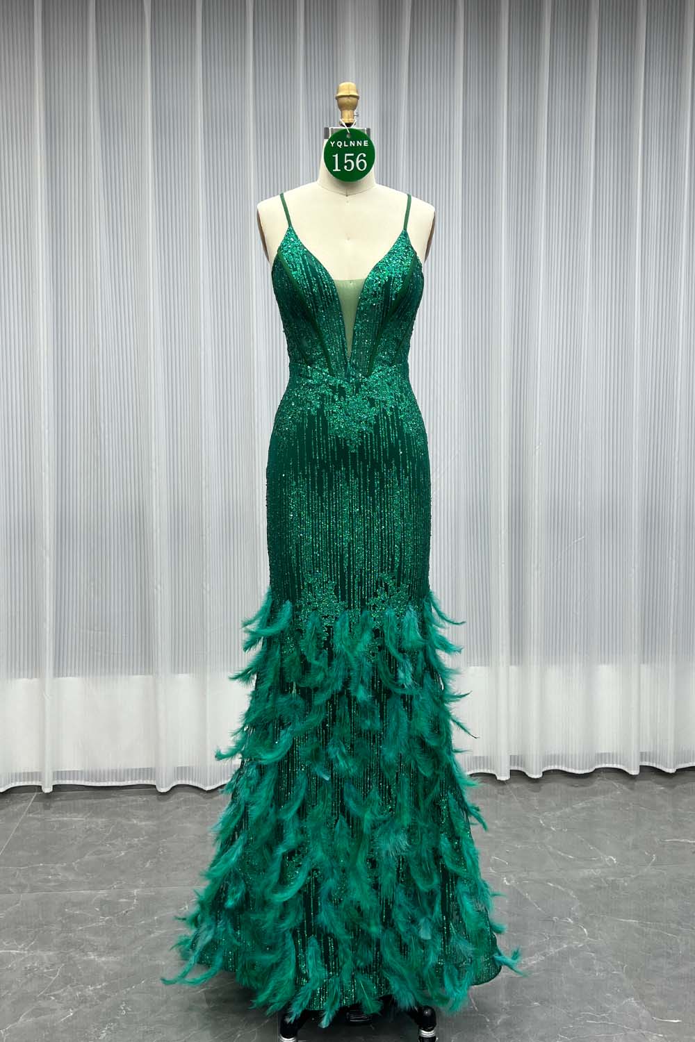 YQLNNE 0156 Sparkly Green Glitter Feathers Prom Dresses Lace-up Party Gown
