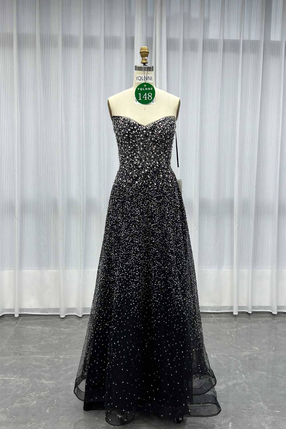 YQLNNE 0148 Black Glitter Crystals Long Prom Dress Aline