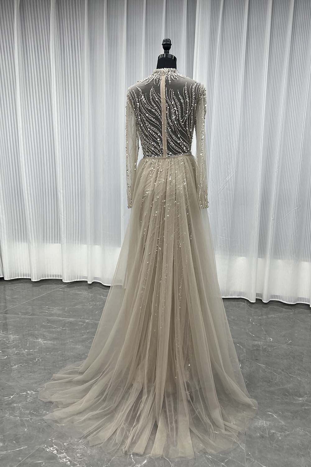 YQLNNE 052 Nude Long Sleeves Beaded Evening Dress With Removable Skirt