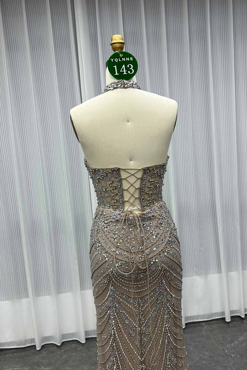 YQLNNE 0143 Red Crystals Beaded Evening Dress Halter Lace-up Back