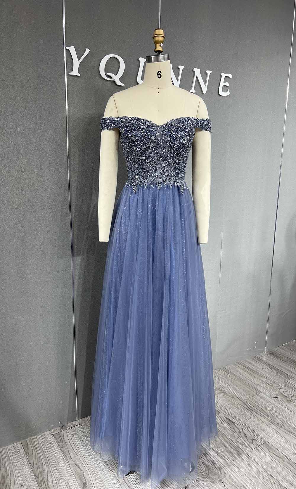 YQLNNE 101 Navy Blue Beading Long Prom Dress Off the Shoulder Party Gown