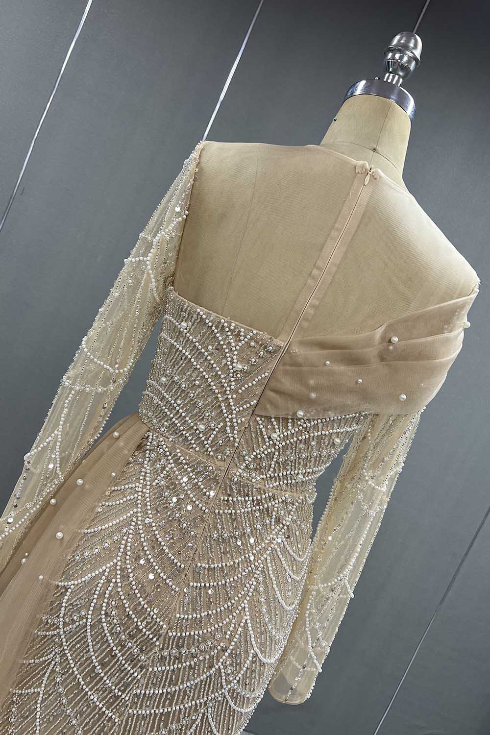 YQLNNE Modest Nude Beading Long Sleeves Evening Dress