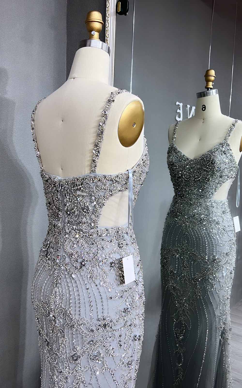YQLNNE 063 Silver Crystals Beaded Mermaid Evening Dress Long Party Gown