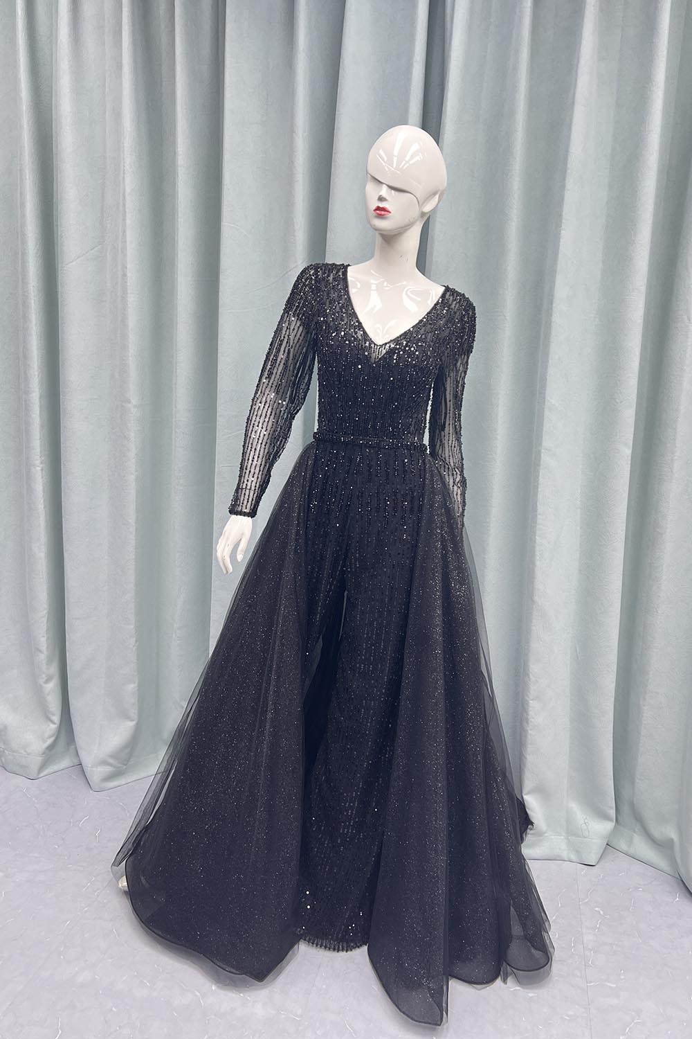 Black Full Sleeves Jumpsuit Beading Evening Party Gown With Removable Train