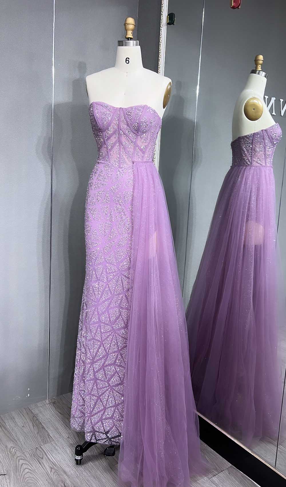 YQLNNE 070 Sparkly Glitter Strapless Long Prom Dress With Removable Train