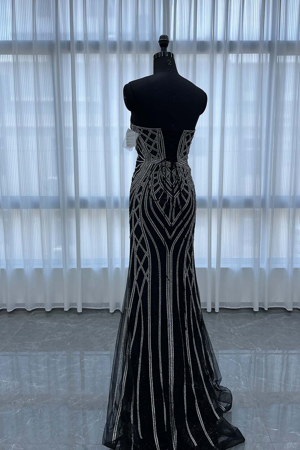 YQLNNE 0130 Black Strapless Crystal Evening Dress Long Mermaid Party Dress Lace-up Back