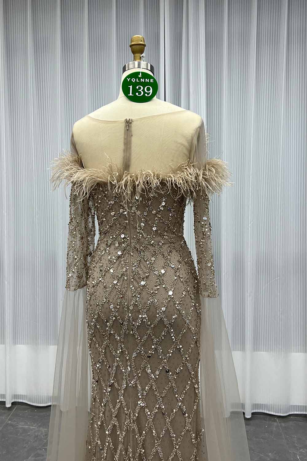YQLNNE 0139 Nude Feathers Beaded Evening Dress With Sleeves