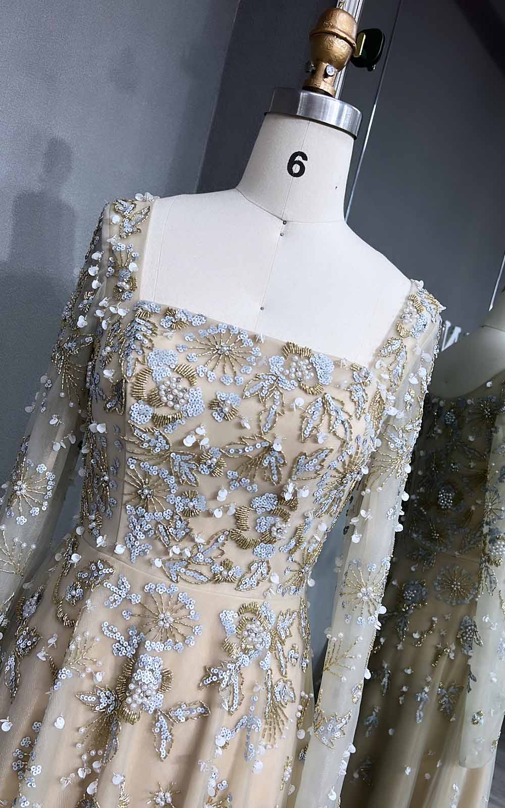 YQLNNE 081 Baby Blue Long Sleeves Evening Dress Square Collar Crystals Beaded Formal Gown