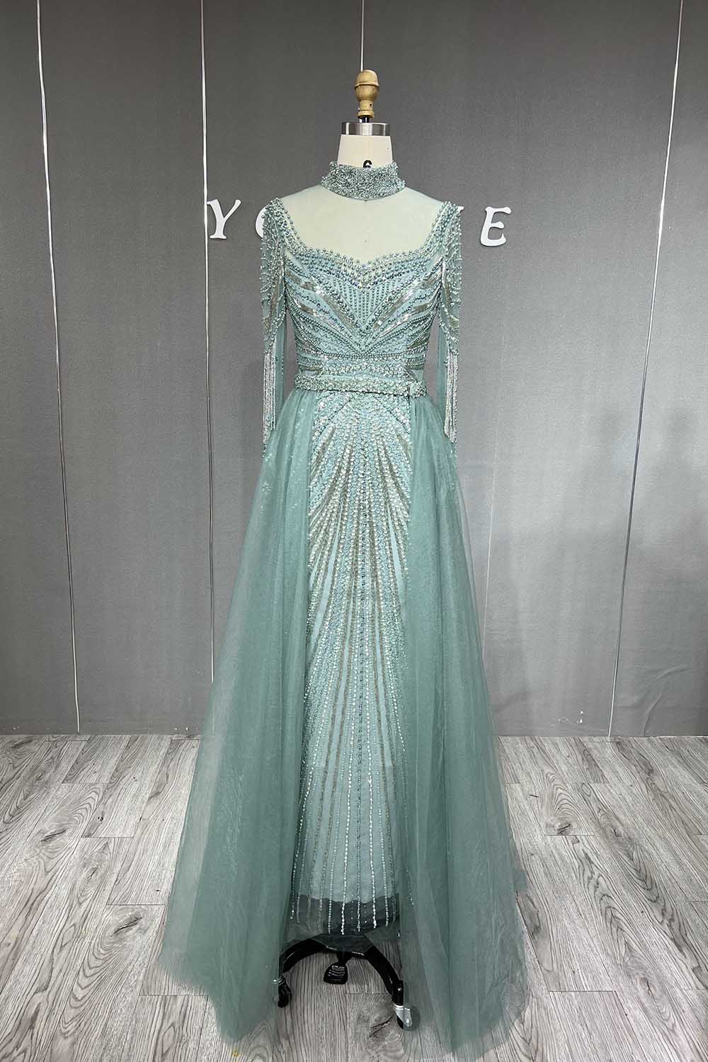 YQLNNE 053 Sage Green Full Sleeves Evening Dress Crystals Beaded Formal Gown