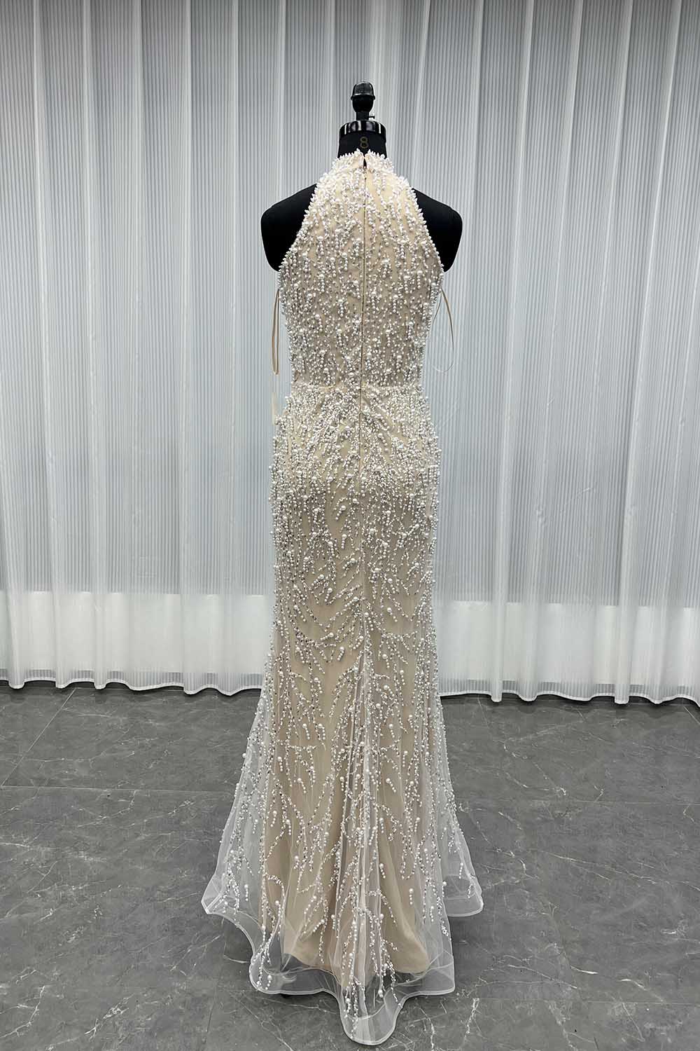 YQLNNE 0120 White Nude Pearls Beaded Evening Party Dress Wedding Gown