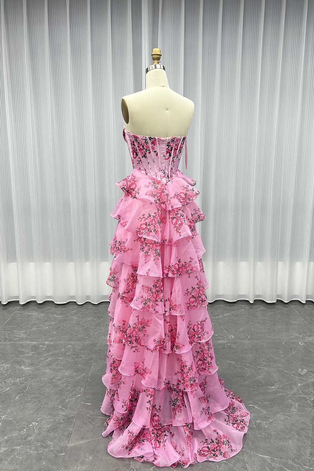 YQLNNE 080 Blue Printing Flowers Prom Dresses Long Slit Pink Party Dress