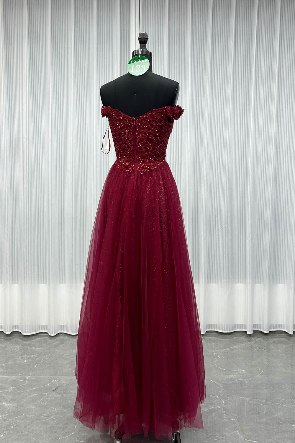 YQLNNE 0123 Wine Red Off Shoulder Prom Dress Long Party Gown