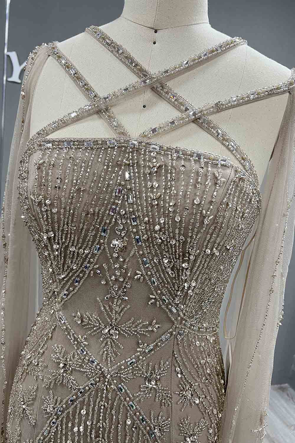 YQLNNE 088 Luxury Nude Crystals Evening Dress With Cape