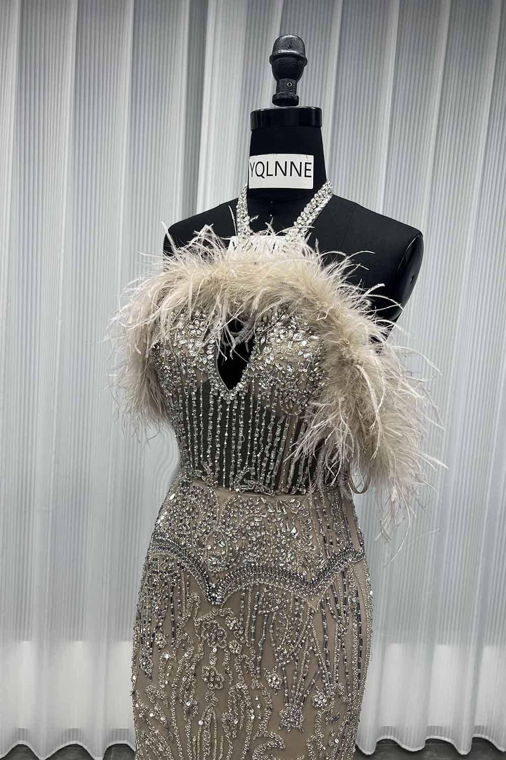 YQLNNE 044 Luxury Nude Feathers Crystals Evening Dress Long Mermaid Pageant Party Gown