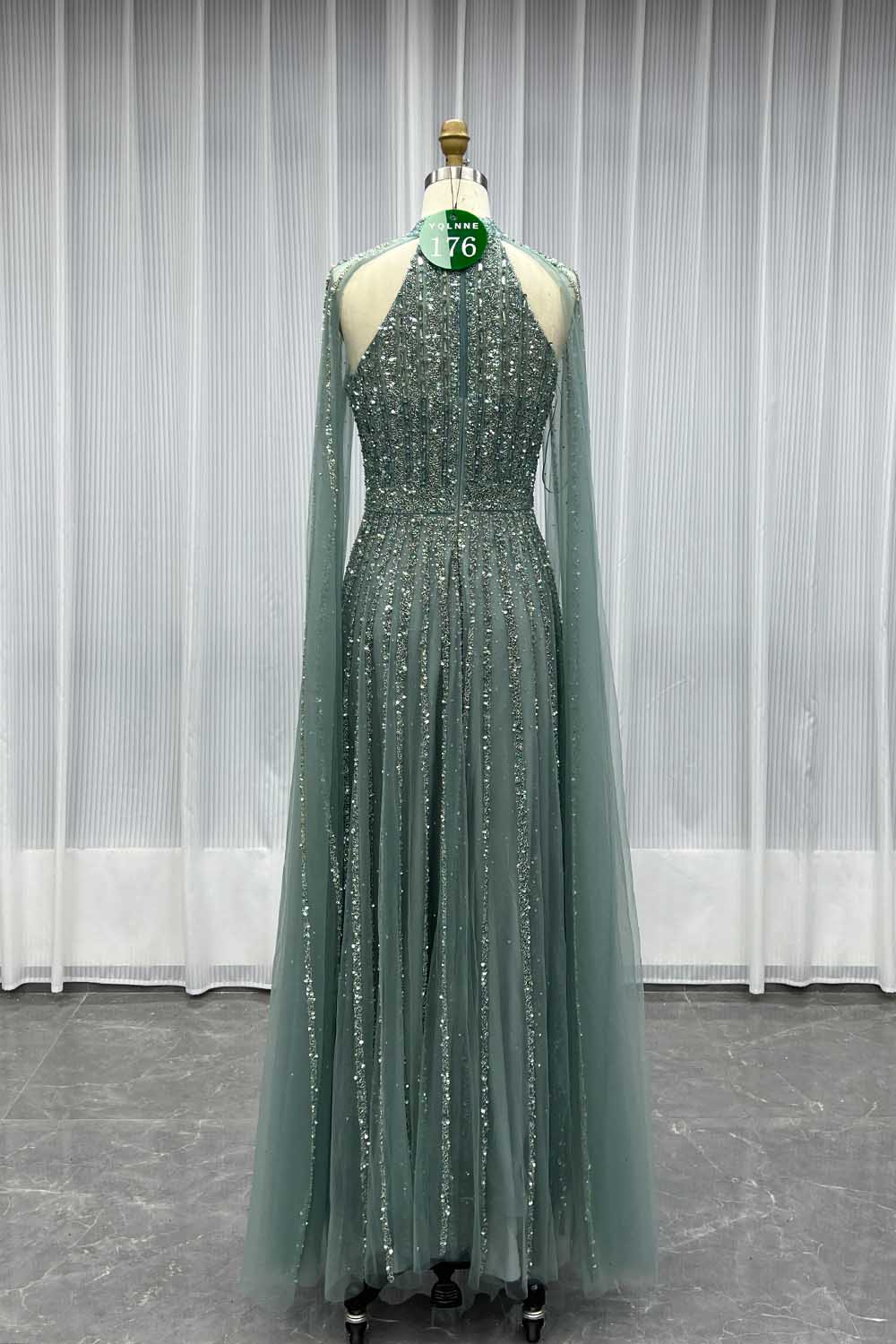 YQLNNE 0176 Sparkly Sage Crystals Evening Dress With Crystals Beaded Cape Sleeves
