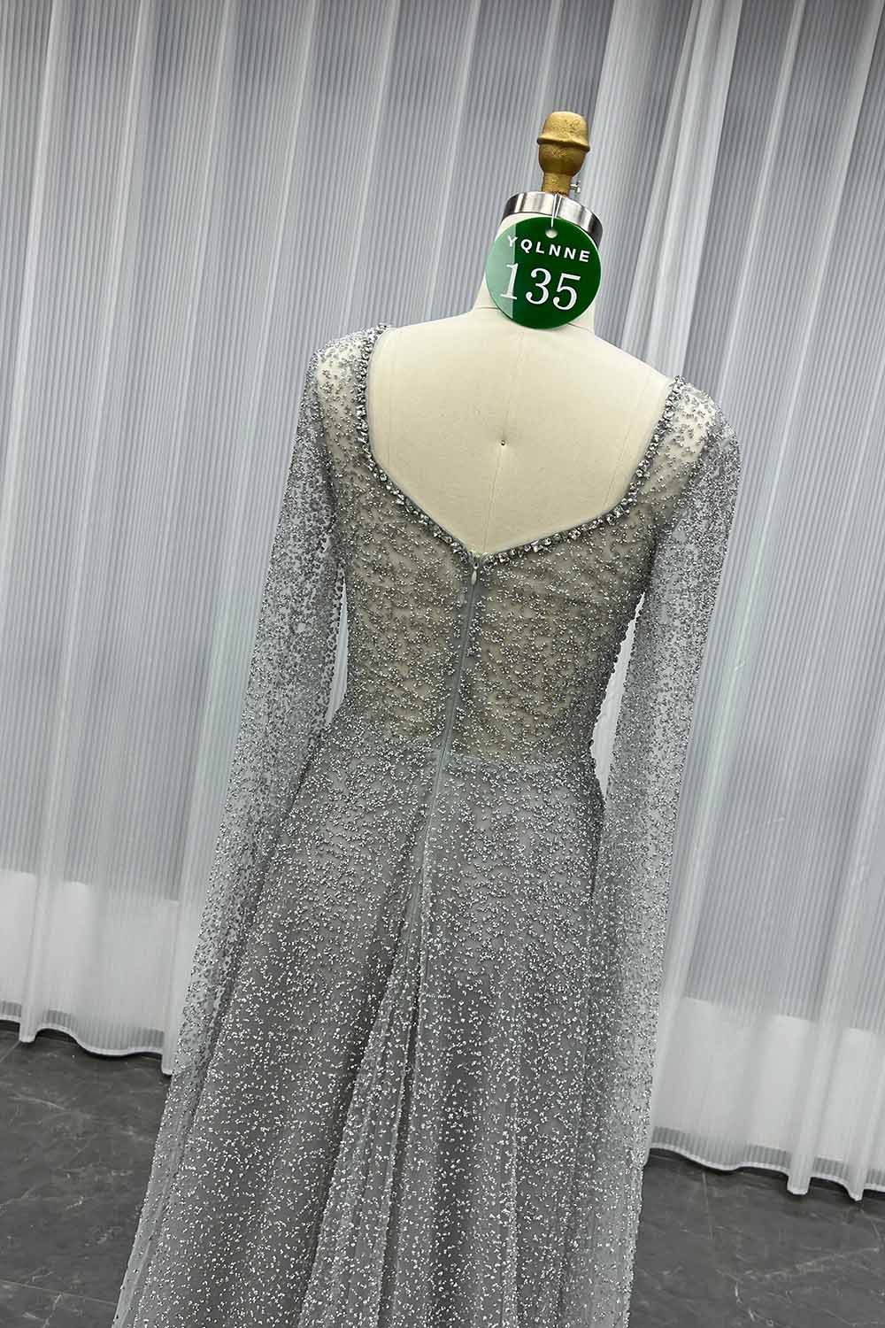 YQLNNE 0135 Sparkly Silver Crystals Evening Dresses Cape Sleeves Long Aline Formal Women Party Gown