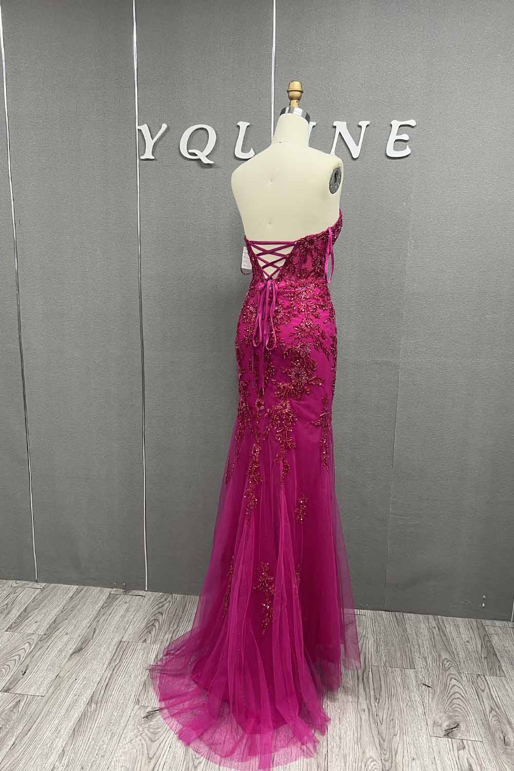 YQLNNE 012 Fuchsia Embroidery Beading Prom Dresses Long Mermaid Evening Gown Lace-up