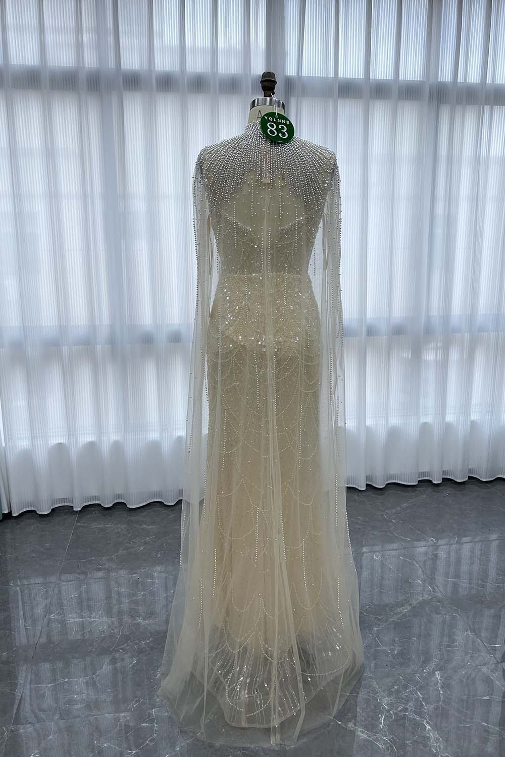 YQLNNE 083 Champagne Beading Long Evening Dress With Removable Shawl