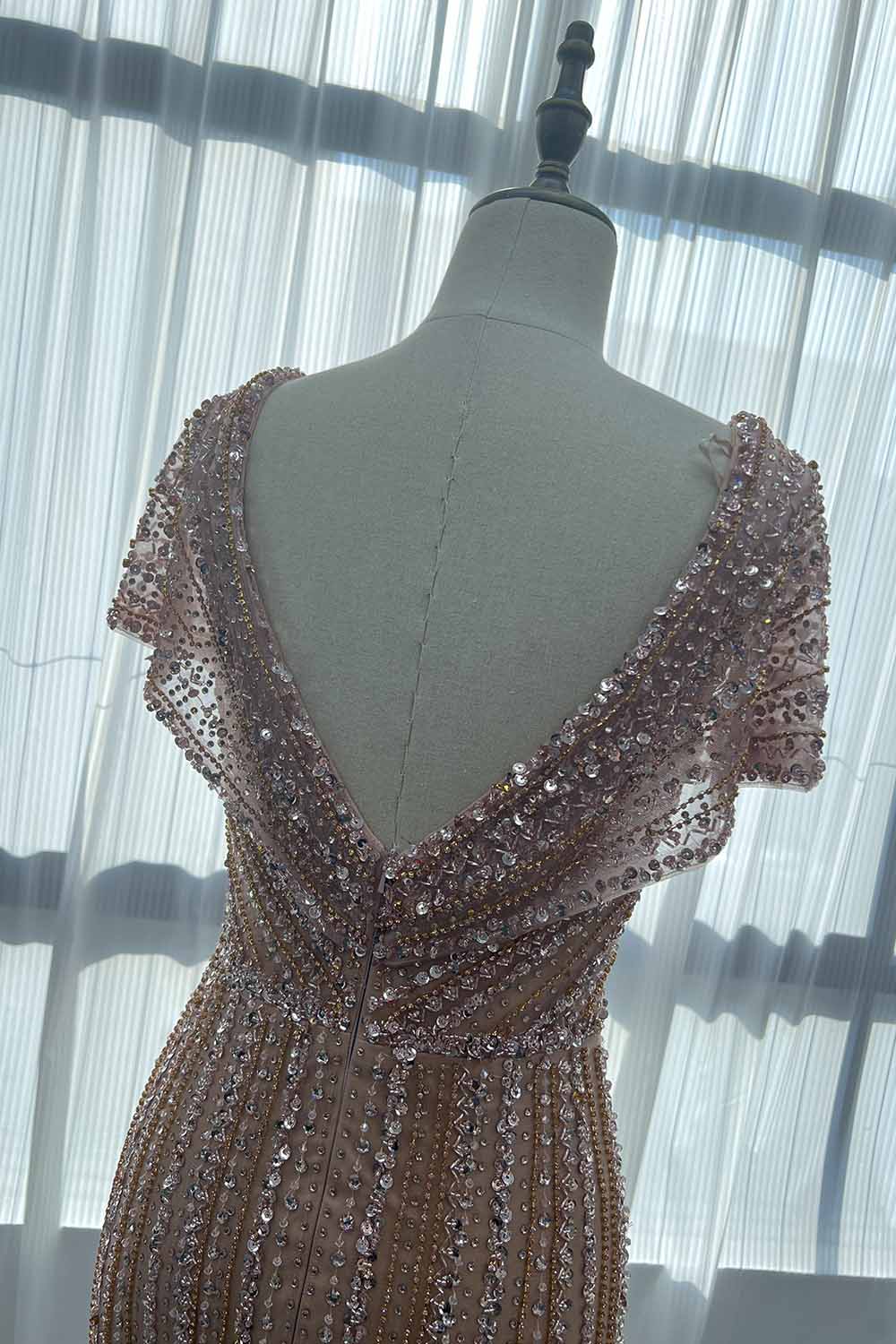 YQLNNE 065 Rose Gold Crystals Evening Dress Formal Women Party Gown Mermaid