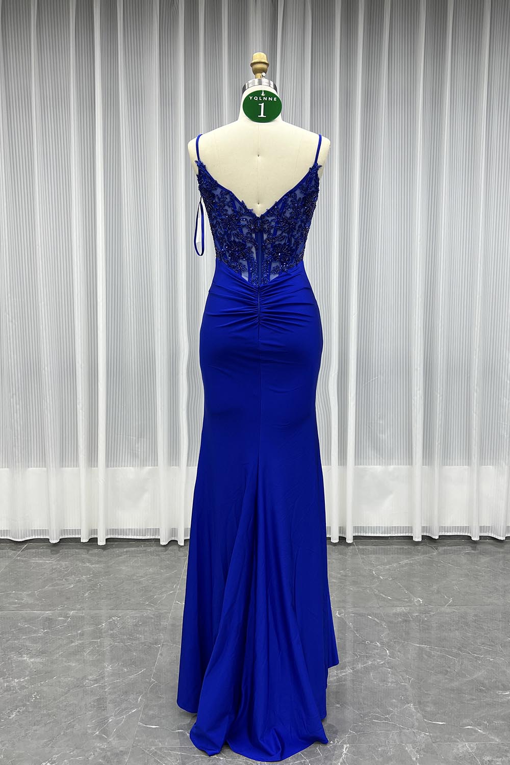 YQLNNE 01 Navy Spaghetti Long Slit Prom Dress With Beading