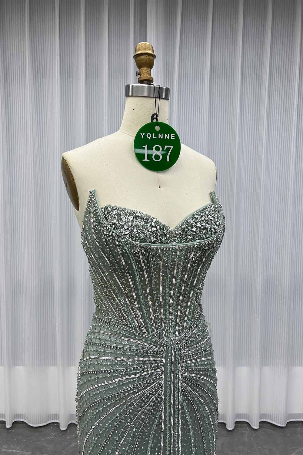 YQLNNE 0187 Sage Green Rhinestones Mermaid Evening Dress With Removable Shawl