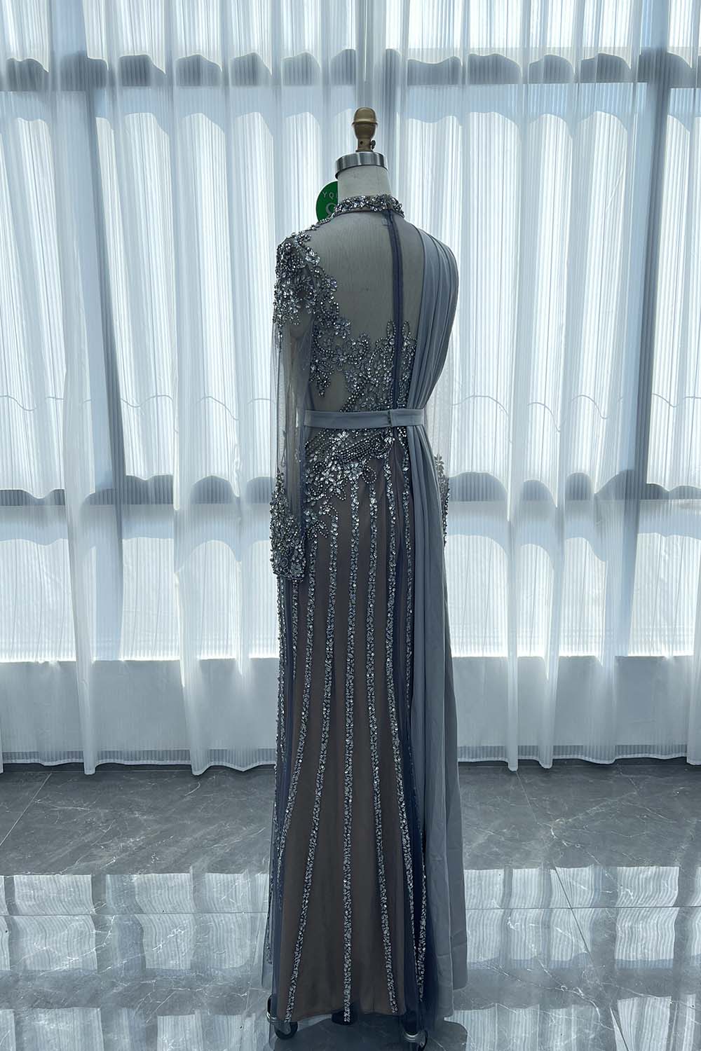 YQLNNE 089 Gray Long Sleeves Evening Dress Handmade Crystals Beaded Formal Gown